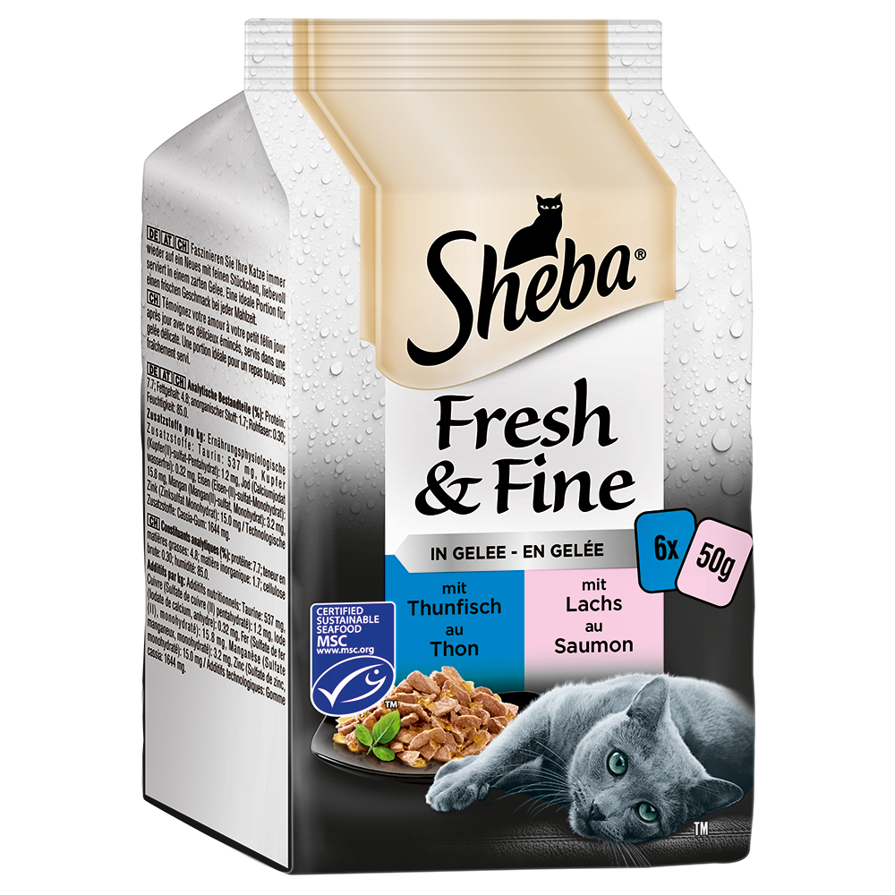 30 + 6  gratis! Sheba, saszetki, różne rodzaje, 36 x 50 g - Fresh & Fine, tuńczyk i łosoś w galarecie | Wyprzedaż 48h | -5% na pierwsze zamówienie| Dostawa i zwrot GRATIS od 99 zł