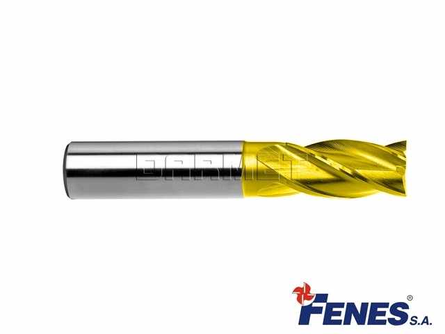Frez 4-ostrzowy trzpieniowy, krótki o ostrzach centralnych z chwytem walcowym DIN844-A K-M-N, HSS TiN Golden Line - 18MM - FENES