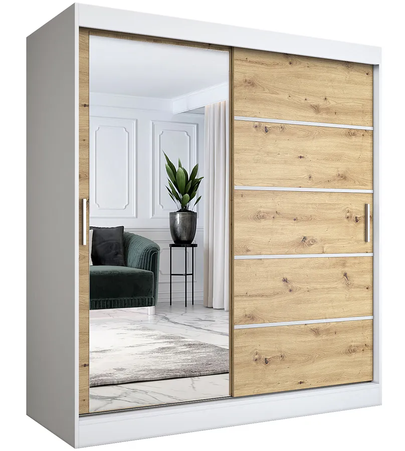 Szafa na ubrania przesuwna 180 cm biel + dąb artisan T4-Z80