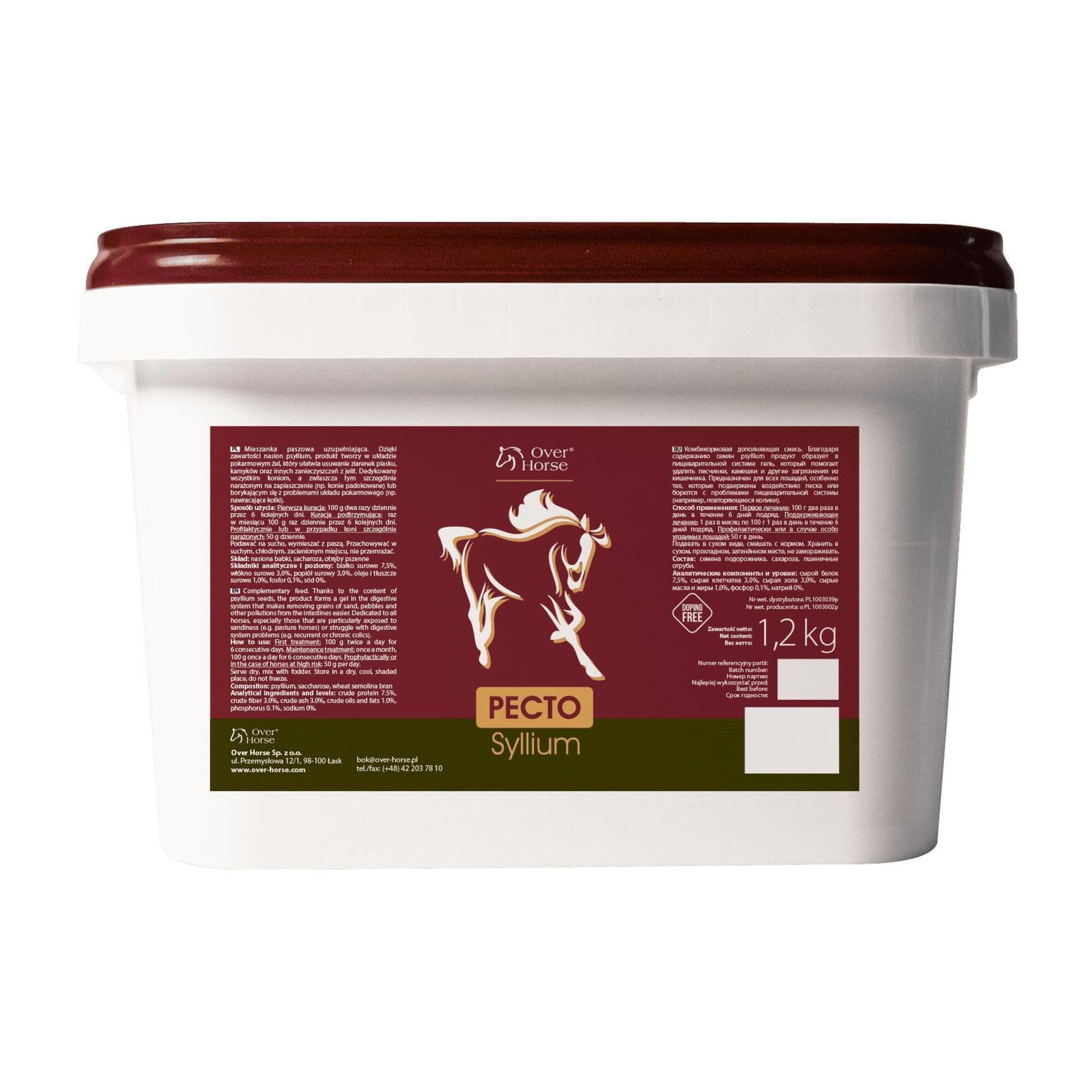 OVER HORSE PECTOSyllium 1,2 kg Produkt odpiaszczający dla koni pozwalający na usunięcie z jelit złogów piasku i innych zanieczyszczeń pobranych razem z pokarmem