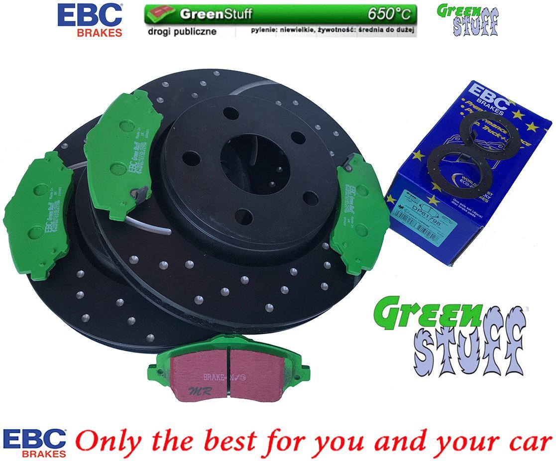 Przednie klocki Green Stuff + WIERCONE NACINANE tarcze hamulcowe EBC seria GD Jeep Wrangler JK 2007-2018