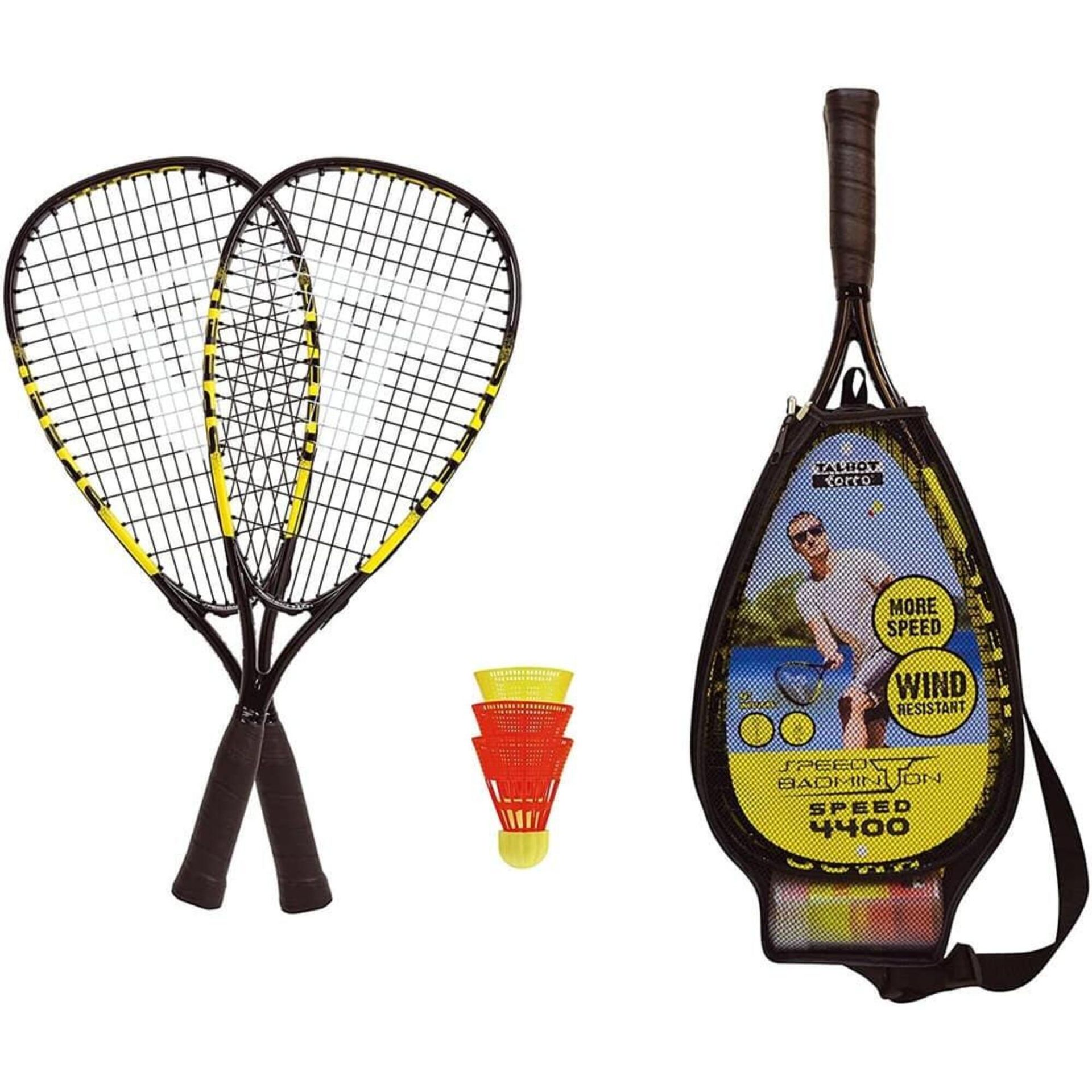 Talbot Torro Speed-zestaw do badmintona Speed 4400, 2 poręczna aluminiowa-rackets 54,5 cm, 3 windstabile sprężyny piłek, w 3/4 Bag, żółto-czarna,,,,, 490114 490114