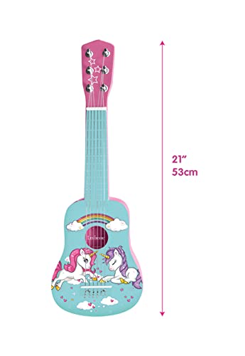 Lexibook My First Unicorn Wooden Guitar. 6 strun. 53 cm. prowadnica dołączona. Różowy/Niebieski. K205UNI