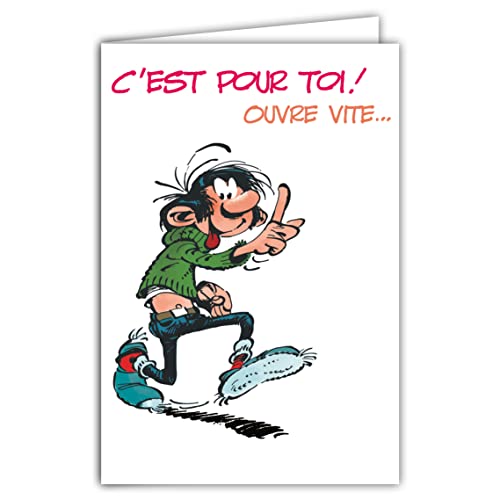 Afie GLCT-0243 Gaston Lagaffe Kartka z okazji urodzin Kobiet Bukiet Różowe Kwiaty Stokrotki Humorystyczny - Zamknięty format 17x11,5cm z kopertą na ilustracji - Made in France