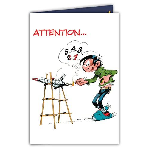 Afie GLCT-0242 Gaston Lagaffe Kartka Happy Birthday Rakieta Night Gwiaździsta Sztuczny Spektakl Impreza Humorystyczny - Zamknięty format 17x11,5 cm z kopertą ilustrowaną - Made in France