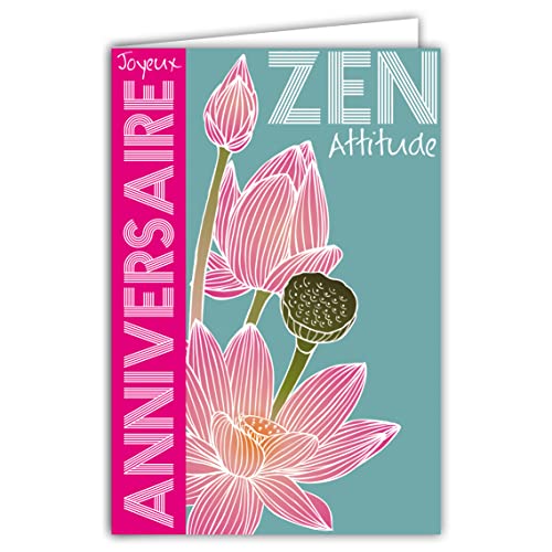 Afie 65-1320 Happy Birthday Kartka dla kobiet Zen Attitude Kwiaty Lotos Lilia Woda Różowa Fuksja - koperta w zestawie - Wyprodukowano we Francji