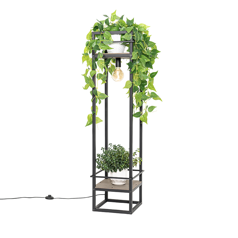 QAZQA Industrialna lampa podłogowa czarna z drewnem - Cage Rack