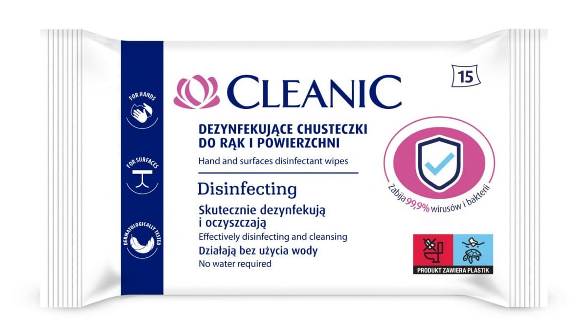 top Cleanic Dezynfekujące Chusteczki do rąk i powierzchni 1op.-15szt