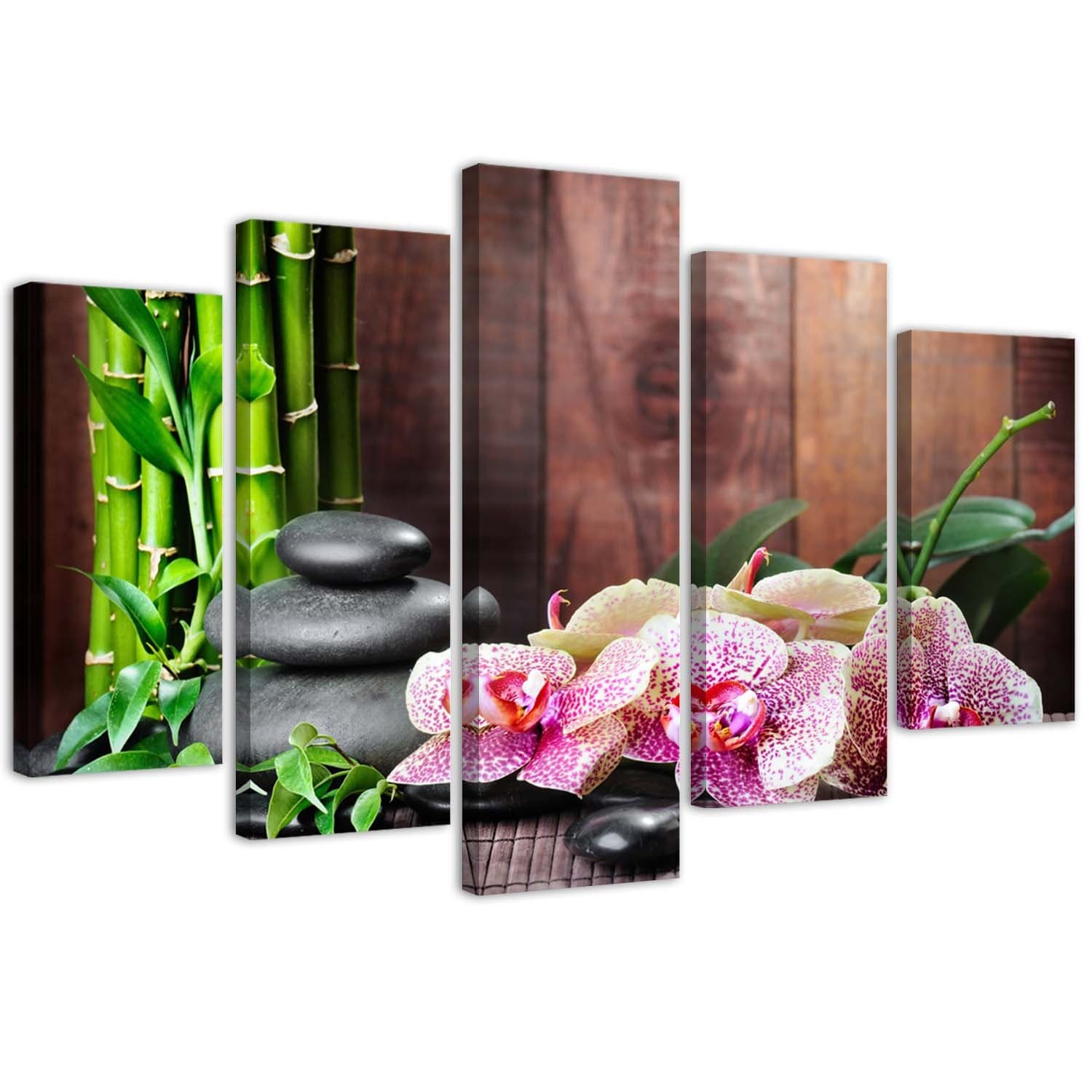 Obraz pięcioczęściowy na płótnie, Kompozycja zen z orchideą i bambusem (Rozmiar 200x100)