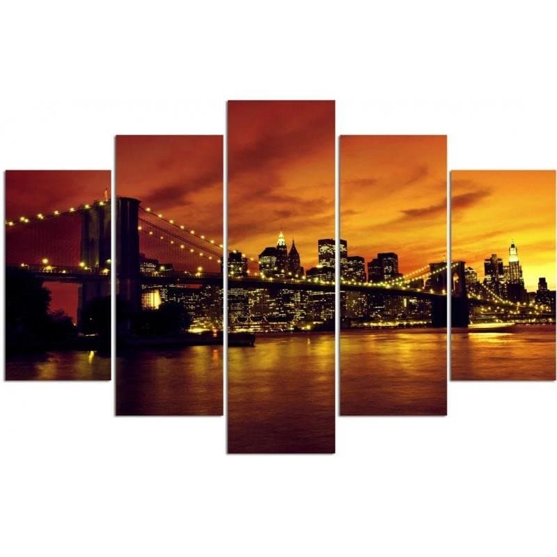Obraz pięcioczęściowy na płótnie, Brooklyn Bridge i Manhattan o zachodzie słońca (Rozmiar 150x100)