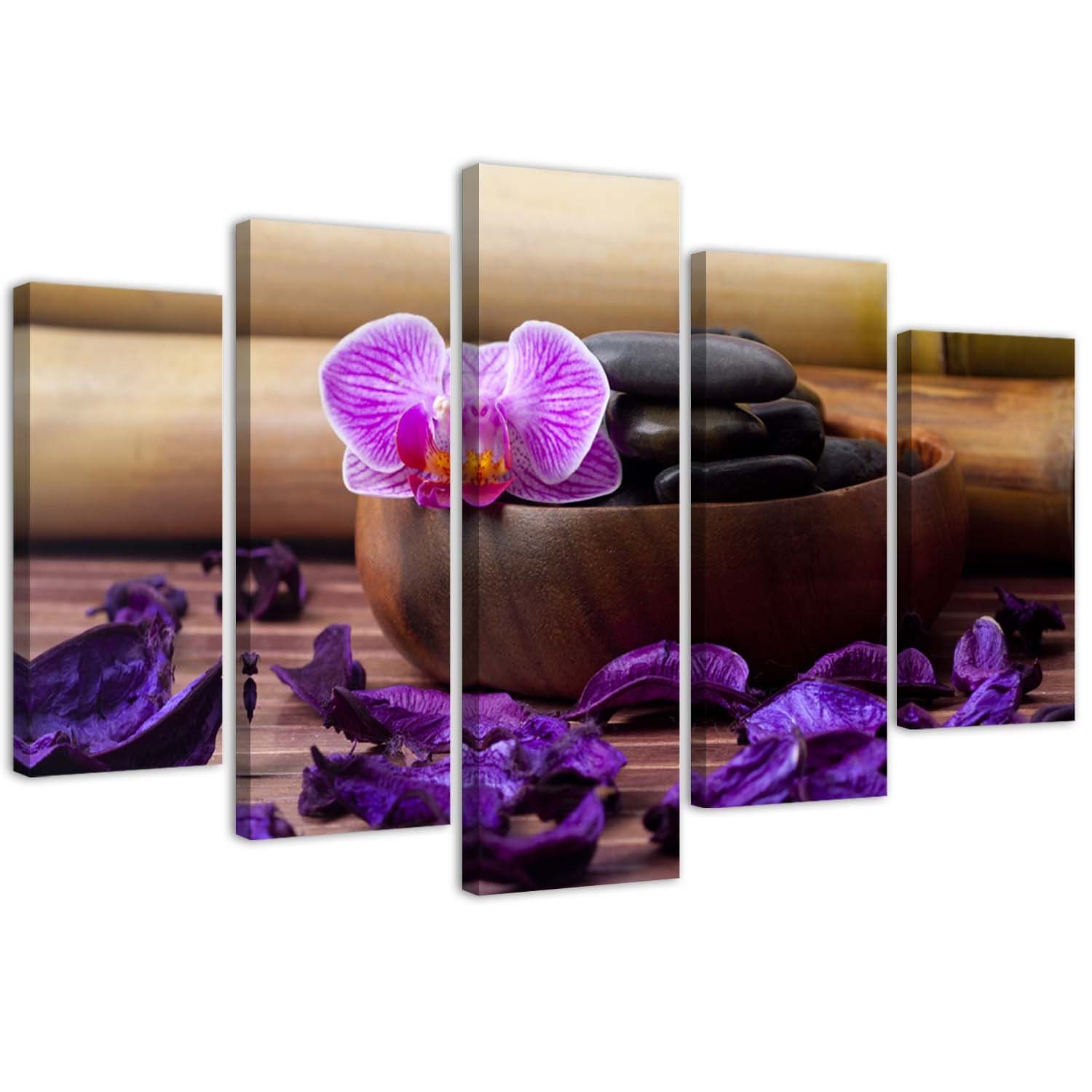 Obraz pięcioczęściowy na płótnie, Kompozycja zen z różową orchideą (Rozmiar 100x70)