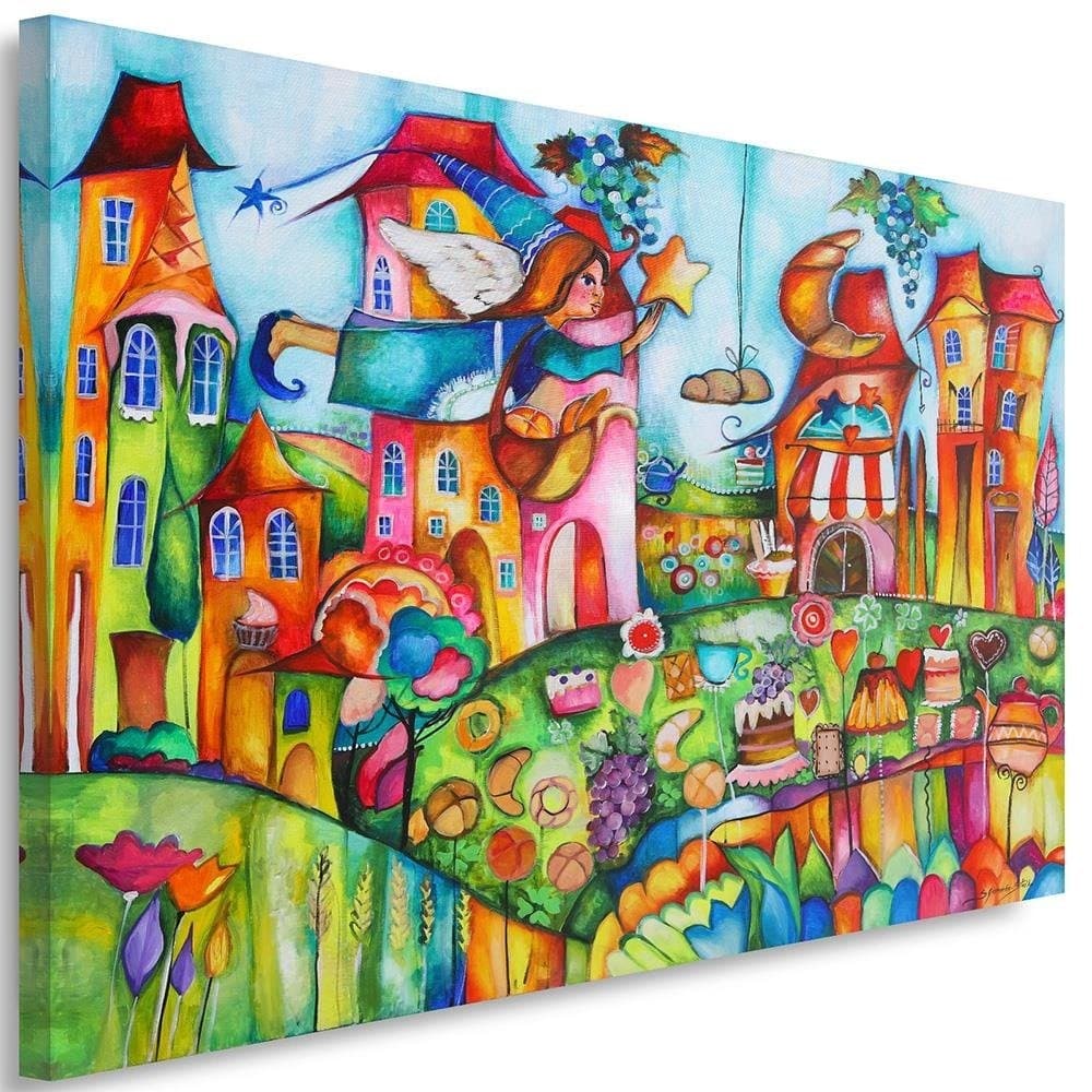 Obraz na płótnie, Wróżka w kolorowym miasteczku (Rozmiar 120x80)