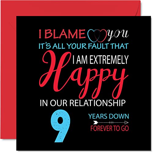Zabawna kartka z okazji rocznicy garncarstwa dla męża żony - 'Your Fault I'm Niezwykle Happy 9. rocznicy ślubu dla partnera, 145 mm x 145 mm kartki z życzeniami na dziewiąte rocznice