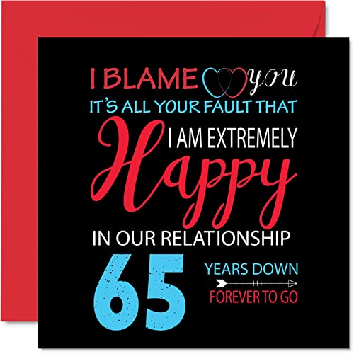 Zabawna niebieska szafirowa kartka rocznicowa dla męża żony - 'Your Fault I'm Niezwykle Happy 65. rocznica ślubu dla partnera, 145 mm x 145 mm kartki z życzeniami na sześćdziesiąt piątych rocznic