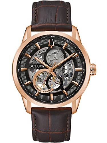 Bulova Męski analogowy zegarek mechaniczny ze skórzanym paskiem 97A169, brązowy, Pasek