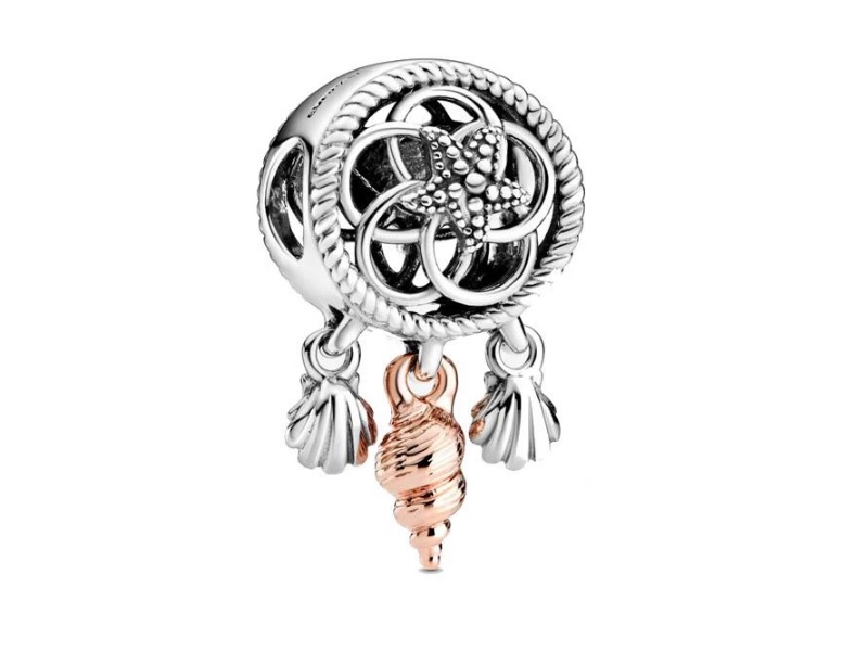 Rodowany srebrny wiszący charms do pandora łapacz snów dreamcatcher muszelki srebro 925 CHARM203