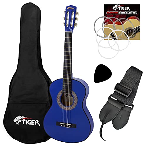 TIGER CLG4-LH-BL dla leworęcznych rozmiar 3/4 dla dzieci klasyczny zestaw gitarowy - pakiet gitarowy z torbą, zapasowymi strunami, paskiem i kostką, idealny dla dzieci w wieku 9-11 lat - niebieski