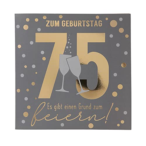 Depesche 11515-052 Kartka z liczbami na 75. urodziny z muzyką, uszlachetniona kartka składana z oryginalnym tekstem wewnętrznym, w tym koperta, format 15,5 x 15,5 cm