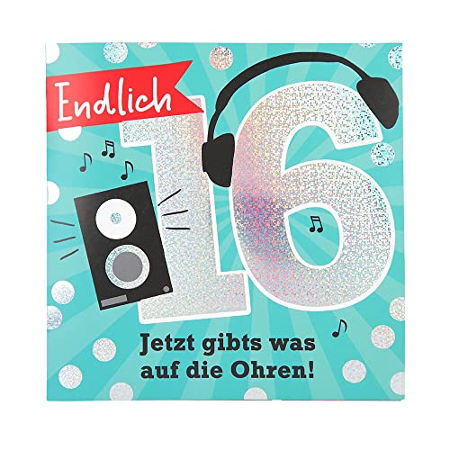 Depesche 11515-026 Kartka z liczbami na 16. urodziny z muzyką, uszlachetniona kartka składana z oryginalnym tekstem wewnętrznym, w tym koperta, format 15,5 x 15,5 cm