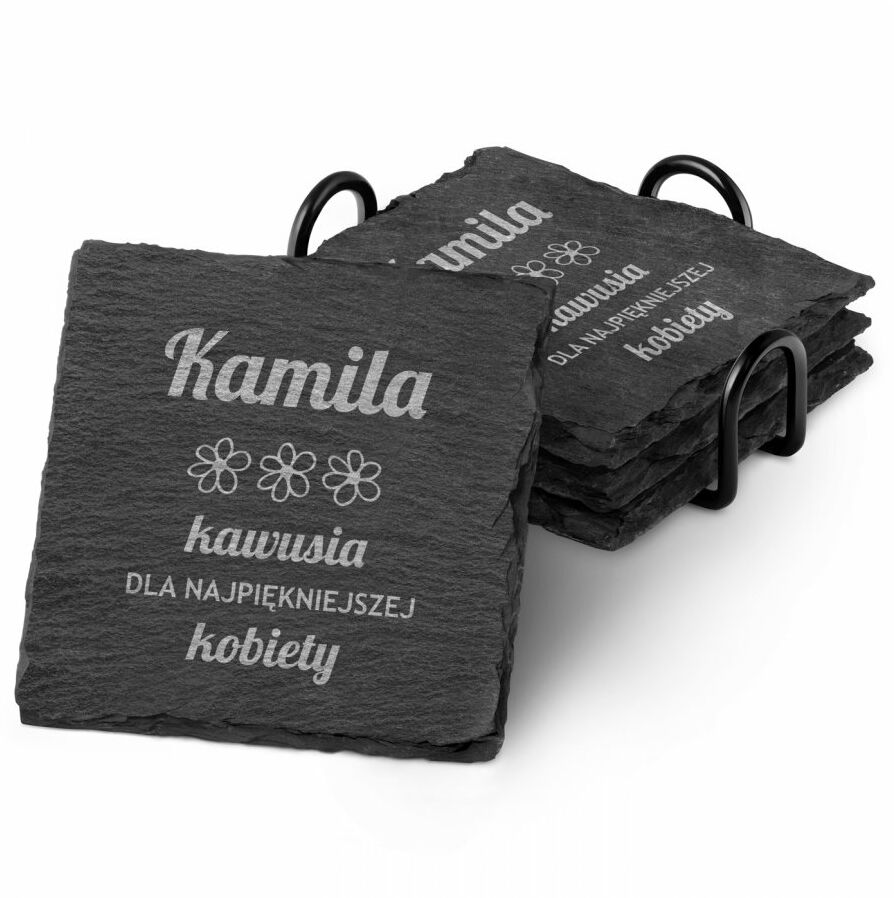 Kamienne podstawki pod kubek grafitowe z grawerem - zestaw x4 dla