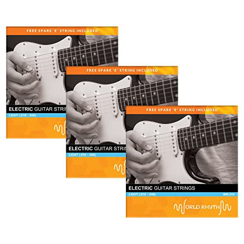 World Rhythm struny do gitary elektrycznej – lekkie (.010 – 046) struny z zapasowymi strunami – 3 szt