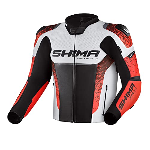 SHIMA STR 2.0 Kurtka motocyklowa, skórzana, sportowa kurtka z tyłu, łokciami, ochraniacze na ramiona, perforowana skóra, do 2-częściowego garnituru (48, czerwony fluo)