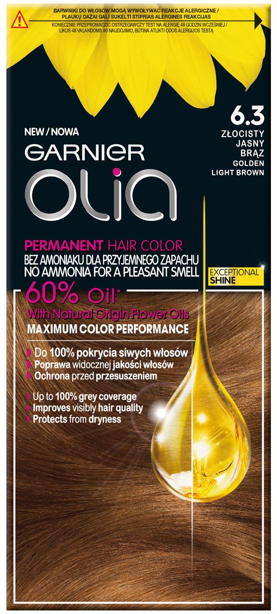 Garnier Olia 6.3 Złocisty jasny brąz, farba do włosów bez amoniaku, 60% olejków