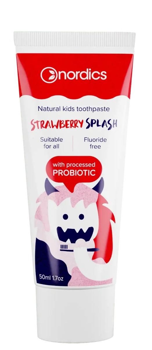 Nordics - Ekologiczna Pasta do zębów dla dzieci truskawkowa b/fluoru (wapń,ksylitol) 75 ml