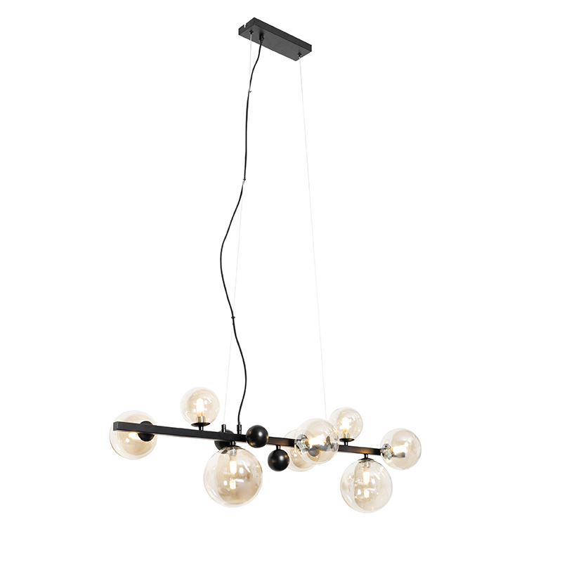QAZQA Lampa wisząca Art Deco czarna z bursztynowym szkłem 8 lamp - David