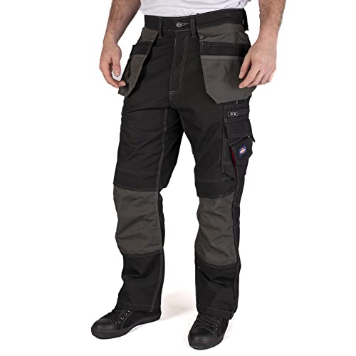 Lee Cooper LCPNT224 Męskie kontrastowe Multi & kaburowe kieszonkowe nakolanniki praca bezpieczeństwo bojówki spodnie czarny/szary, rozmiar 76 cm talia 60 cm (krótkie) nogawka