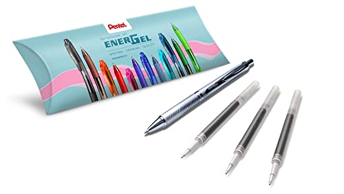 Pentel Energel Sterling BL407, Wałek żelowy Chowany Średnia końcówka 0,7 mm, Metalowy korpus czarny atrament, opakowanie 1 długopis + 3 wkłady LR7