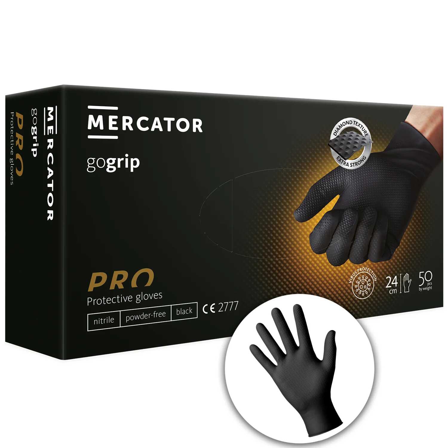 MERCATOR gogrip Black  bardzo trwałe rękawiczki nitrylowe, rozmiar L, 50 sztuk