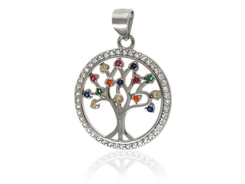 Elegancki rodowany srebrny wisiorek drzewo życia tree of life kolorowe cyrkonie srebro 925 W0455