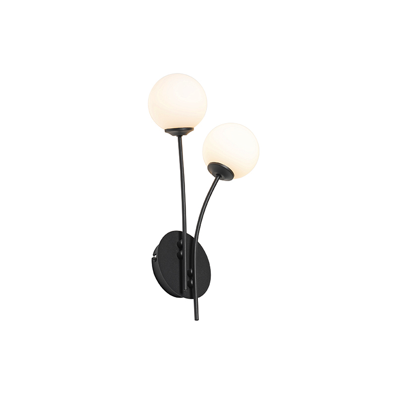 QAZQA Nowoczesna lampa ścienna czarna z opalowym szkłem 2-light - Ateny