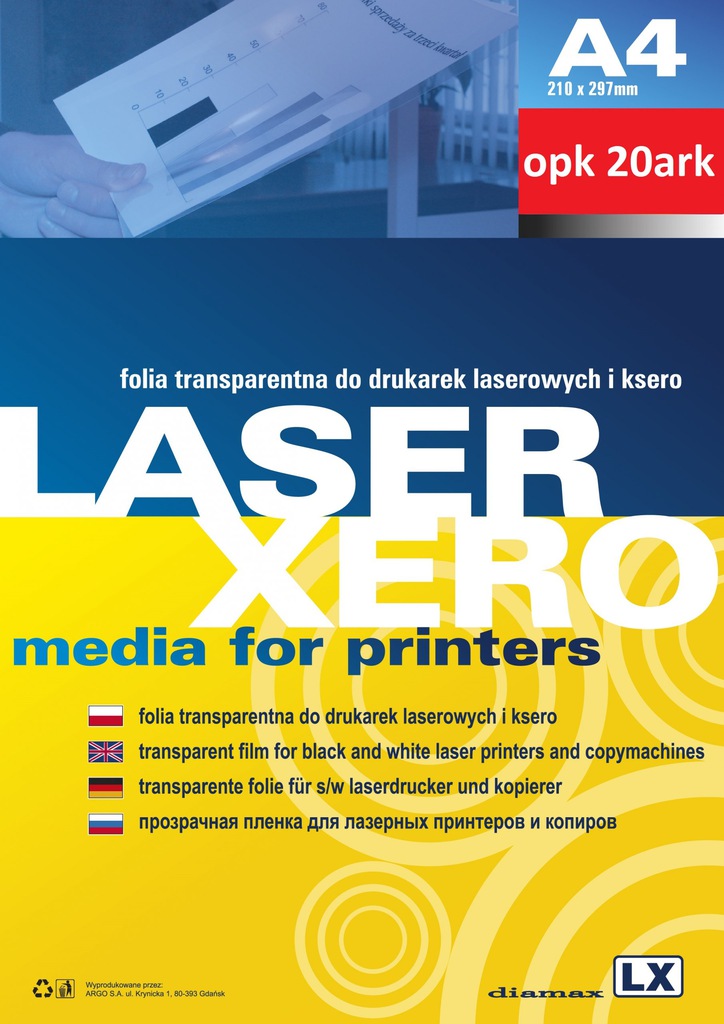ARGO Folia transparentna do drukarek laserowych i ksero ARGO A4 100mik 20ark