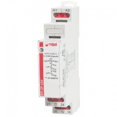 RPI-2P-UNI Przekaźnik instalacyjny 2P, 8A, 12…240 V AC/DC, AgSnO2