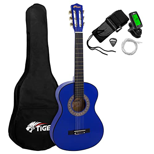 TIGER CLG4-BLTU Gitara klasyczna dla dzieci – niebieska hiszpańska gitara w rozmiarze 3/4 z tunerem, pokrowcem, kostkami i zapasowymi strunami, 36” szkolny zestaw gitarowy dla początkujących
