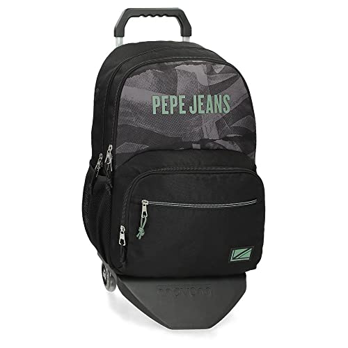 Pepe Jeans Davis plecak szkolny z podwójną przegródką na kółkach, czarny, 32 x 45 x 16 cm, poliester, 21,6 l