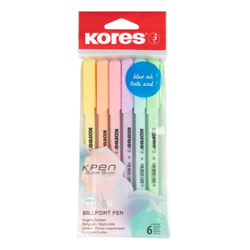 Kores - K0R-M: Długopisy kulkowe z niebieskim tuszem półżelowym w pastelowym designie, 1 mm średni punkt Biro do płynnego pisania, trójkątny ergonomiczny kształt, materiały szkolne i biurowe, 6 sztuk