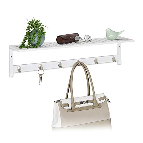 Relaxdays Garderoba ścienna z półką, 6 haczyków, styl dworkowy, korytarz i łazienka, bambus, wys. 18 x 75 x 16 cm, uchwyt na ręcznik ścienny, biały, 1 sztuka