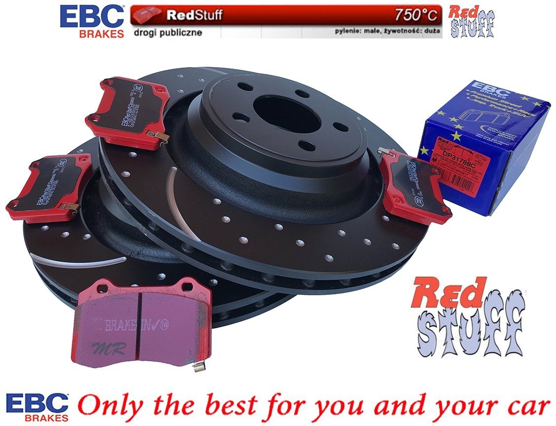 Tylne CERAMICZNE klocki RedStuff + NAWIERCANE NACINANE tarcze hamulcowe 350mm EBC seria GD Dodge Challenger SRT Hellcat Scat Pack