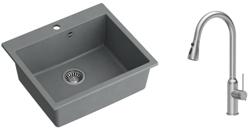 Quadron Zlewozmywak granitowy jednokomorowy 57*50*22 cm MORGAN 110 SILVER STONE ze stalowym odpływem z baterią JESSICA Q LINE z wyciąganą wylewką i funkcją prysznica kolor stal szczotkowana