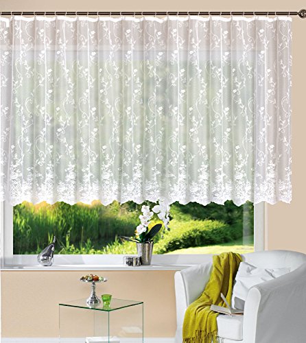 Firanka Store żakardowa Mainz wys. x szer. 145 x 600 cm taśma marszcząca taśma uniwersalna biała wzór kwiatowy przezroczysta zasłona do salonu, 13144