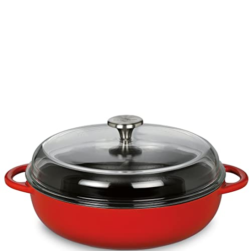 Küchenprofi Provence żeliwna patelnia okrągła emaliowana czerwona/czarna wewnętrzna 24 cm z wysoką szklaną pokrywką, nadaje się do wszystkich kuchenek, w tym indukcyjnych naczyń do zapiekania z