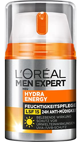 L'Oréal Men Expert Pielęgnacja twarzy z LSF 15, krem nawilżający z ochroną przed słońcem, z guaraną i witaminą C, Hydra Energy pielęgnacja nawilżająca 24 h, przeciw zmęczeniu, 1 x 50 ml
