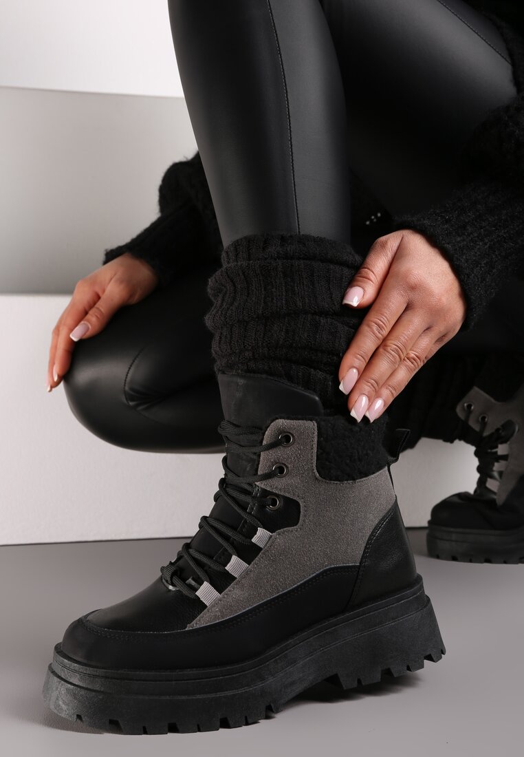 Czarne Botki Sznurowane Trapery Janne