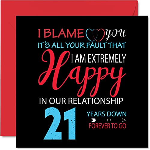 Zabawna kartka z okazji 21. rocznicy dla męża żony - 'Your Fault I'm Niezwykle Happy 21. rocznica ślubu dla partnera, 145 mm x 145 mm kartki z życzeniami na dwadzieścia pierwsze rocznice