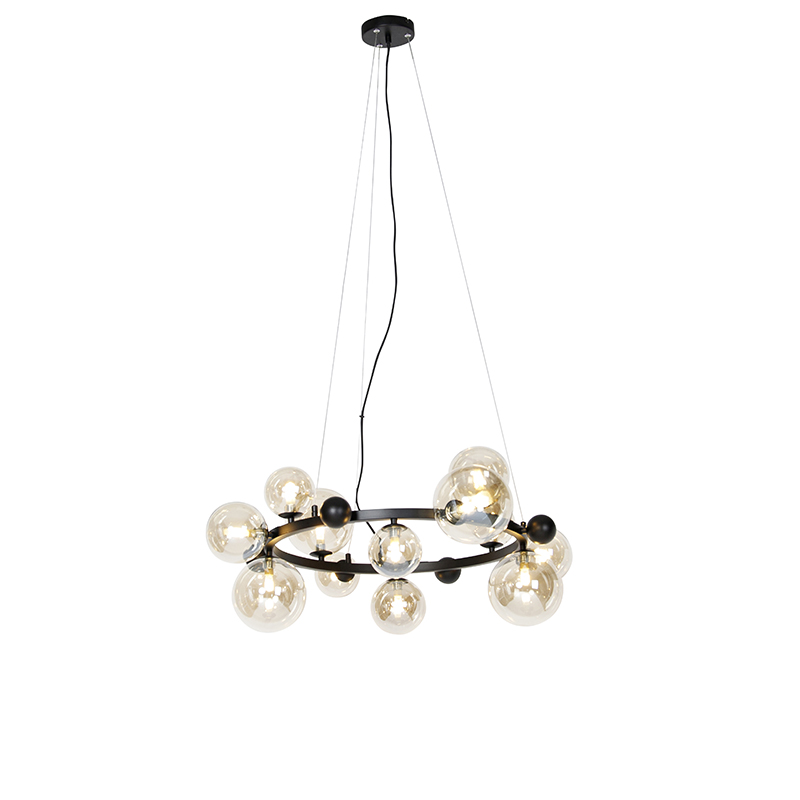 QAZQA Lampa wisząca art deco czarna z bursztynowym szkłem 12 lampek - David