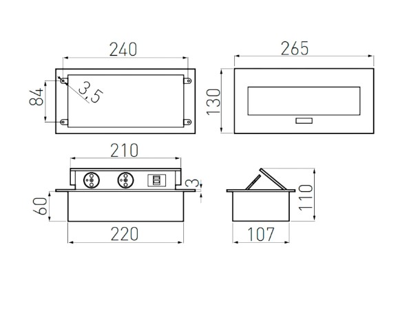 GTV Gniazdo meblowe nablatowe wpuszczane AE-PBU2GU-20 2 x gniazdo z uziemieniem 2 x usb kabel zasilający z wtyczką czarne