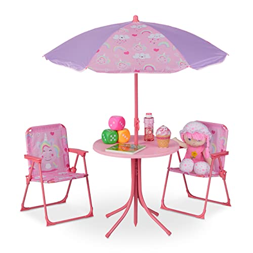Relaxdays Zestaw mebli do siedzenia dla dzieci, zestaw do siedzenia dla dzieci z parasolem, składanymi krzesłami i stołem, motyw jednorożca, ogród, różowy